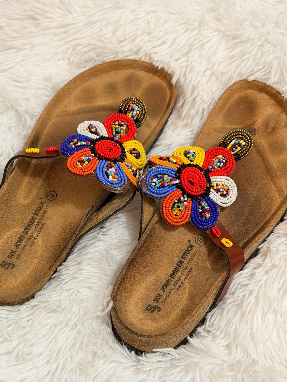 Birkenstock Beaded Floral Toe-Post Sandals in Red, Blue, Yellow, Orange, White